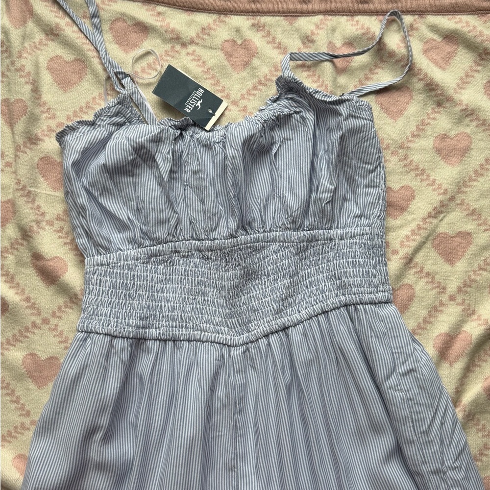 Hollister Light Blue & White Striped Smocked Waist Jumpsuit